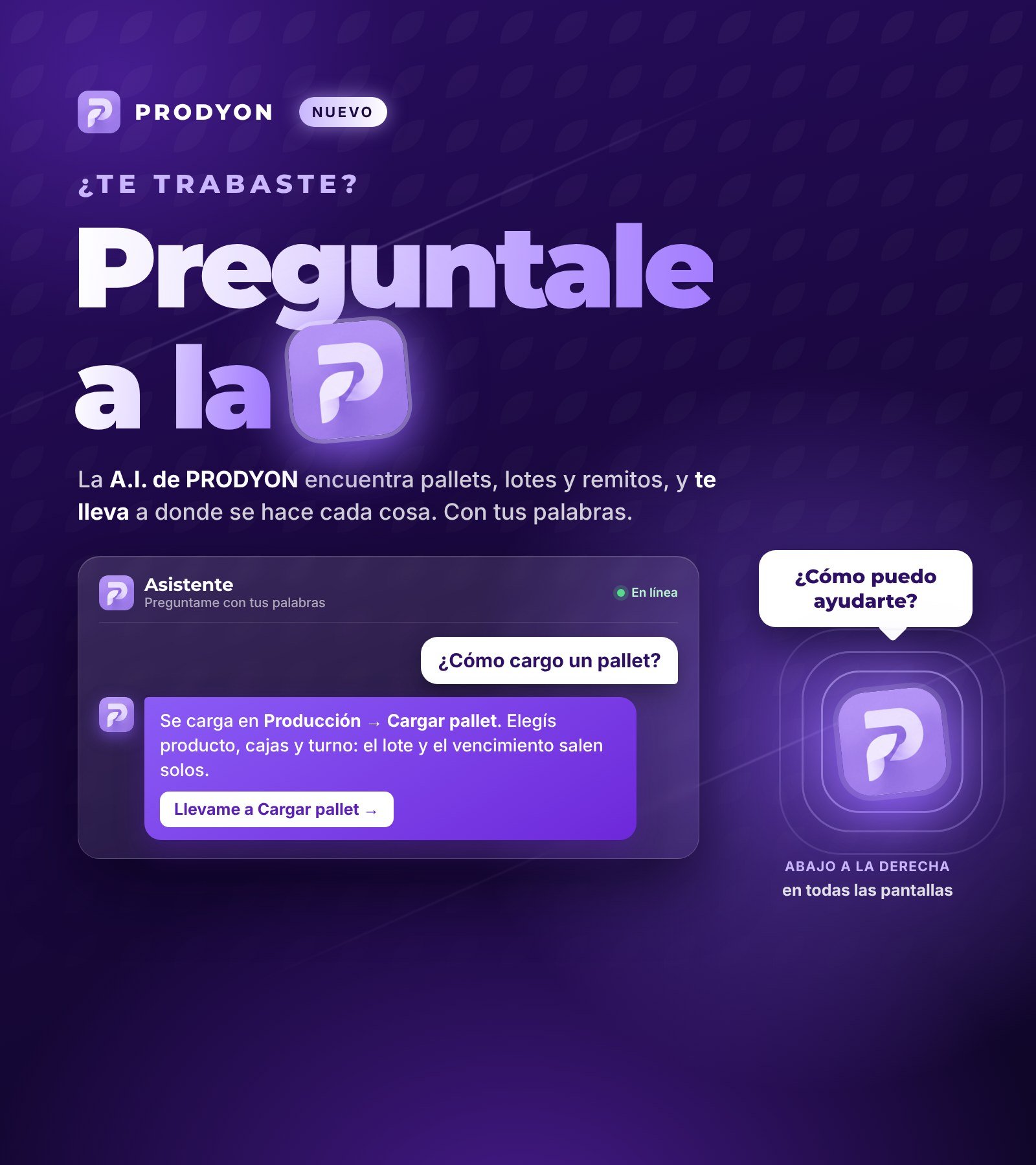 Nuevo en PRODYON: preguntale a la P. La A.I. de PRODYON encuentra pallets, lotes y remitos, y te lleva a donde se hace cada cosa.